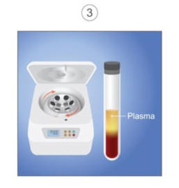 A graphic illustrating the third step in the PRP Therapy process. It shows a vial of blood with the plasma separated out next to a centrifuge. 